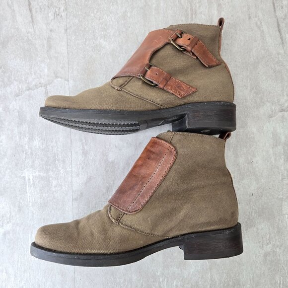 J Crew Ankle Boots 6 Brown Green Canvas Monk Strap Shoe Booties Grunge Lagenlook - Picture 6 of 13